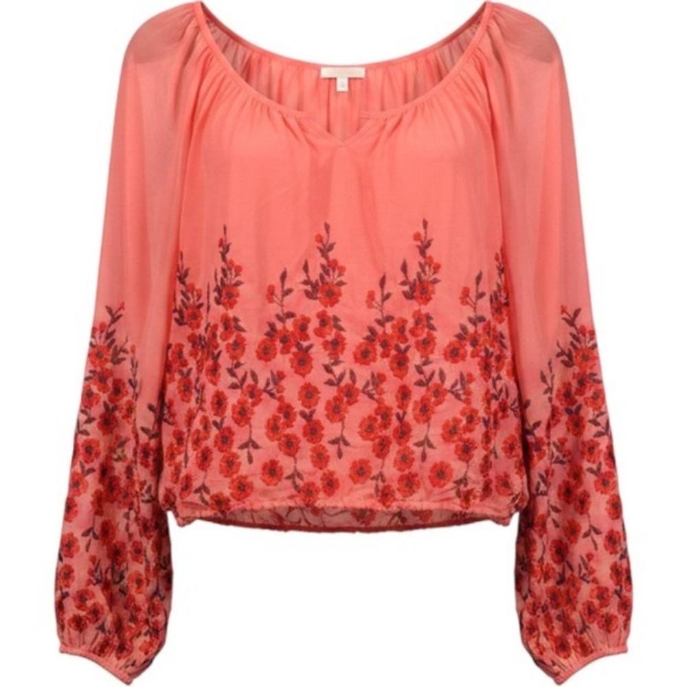 Free People‎ Embroidered Peasant Blouse Coral Floral Boho Long Sleeve Size XS